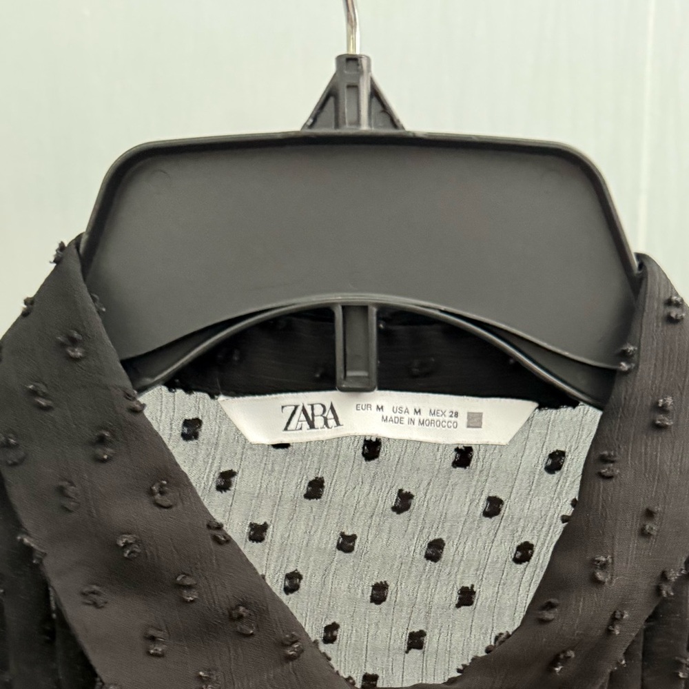 ZARA Black Sheer Swiss Dot Button Up Blouse Size M - Picture 6 of 6